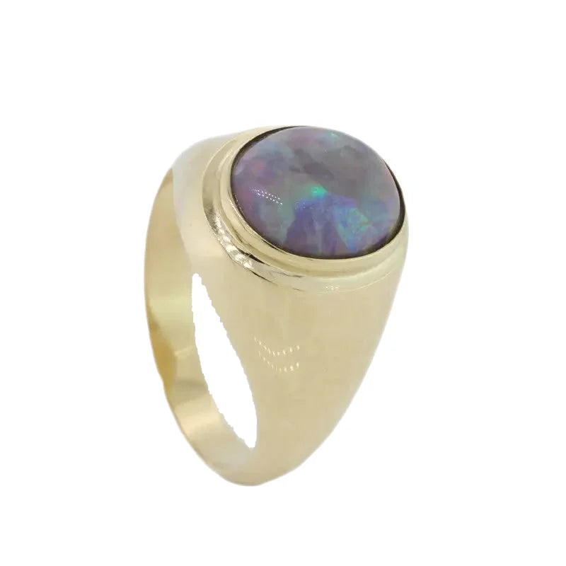 9 Carat Yellow Gold 12x10mm Oval Solid Opal Gents Ring Size