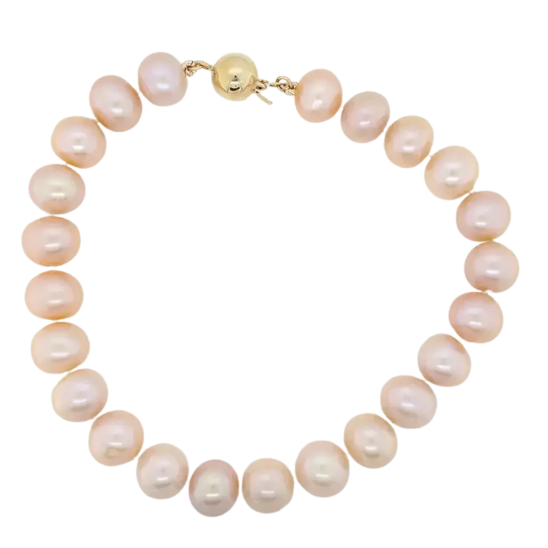 Pink 8mm Fresh Water Pearl Braclet with. 9 Carat Yellow Gold