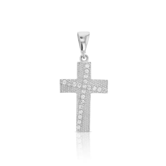 9 Carat White Gold 19mm Textured Cross Pendant with Cubic