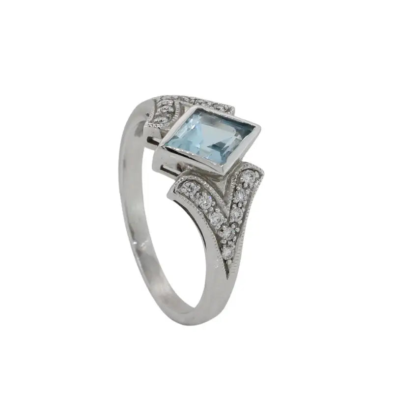 9 Carat White Gold Blue Topaz & Diamond Art Deco Ring