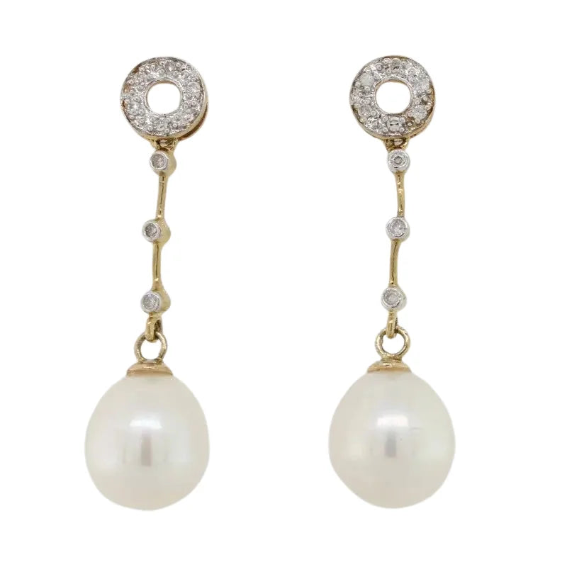 9 Carat Yellow Gold Fresh Water Pearl & Diamond Earrings