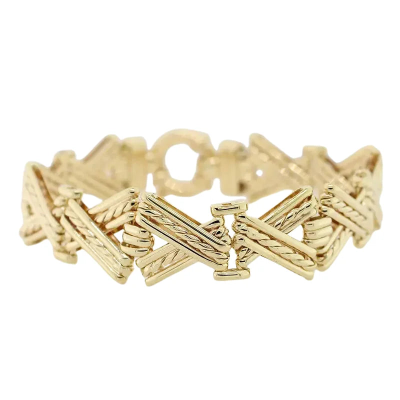 9 Carat Yellow Gold Handmade 35.25g Fancy X Gate Bracelet