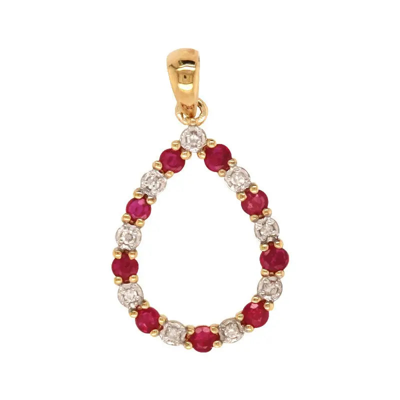9ct Yellow Gold Ruby and Diamond Tear Drop Pendant Natural