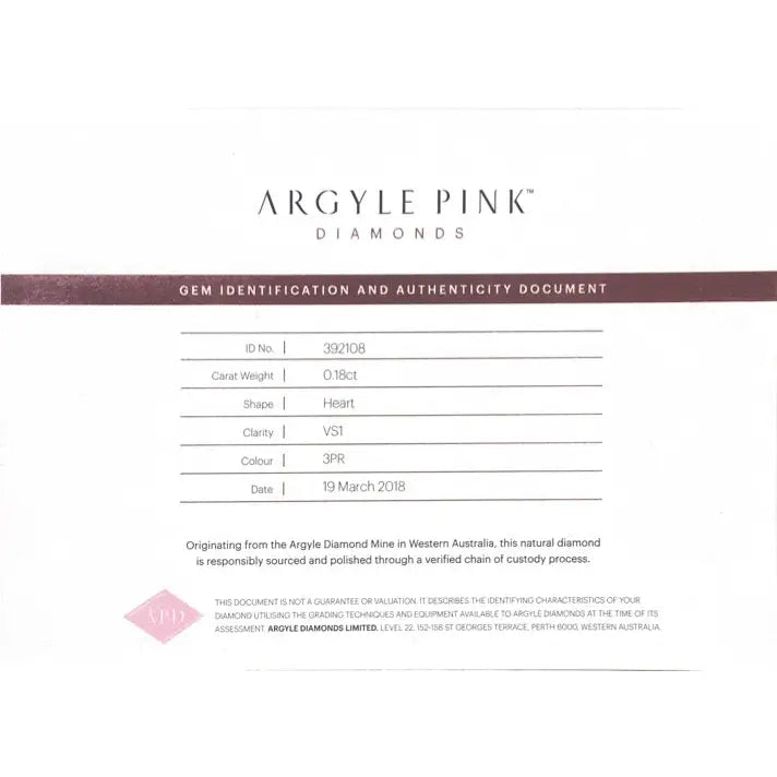 Argyle Pink Diamond Heart 0.18ct 3PR Lot # 392108 Seaspray