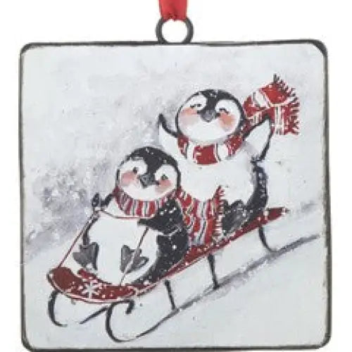 Christmas Penguins Sledding Square Disc Ornament 12cm