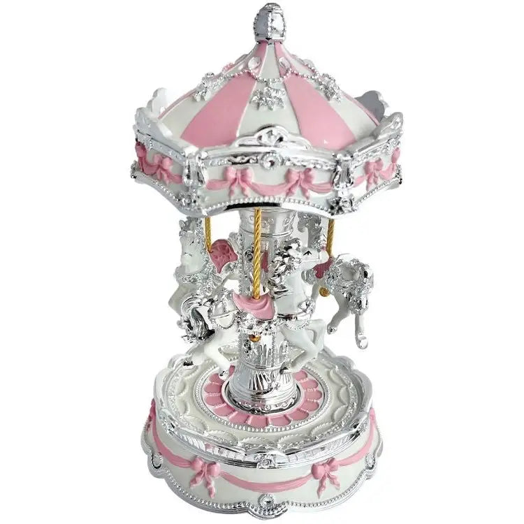 Musical Carousel - Pink Silver & White with Horses & Bows