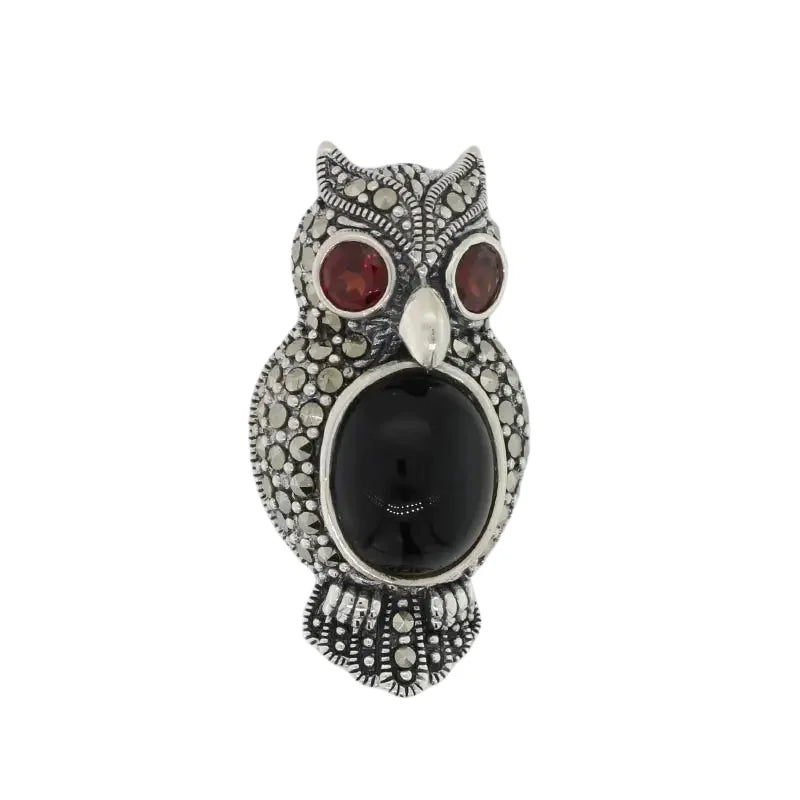 Sterling Silver Marcasite Owl with Oval Onyx 11.5mm x 9.5mm