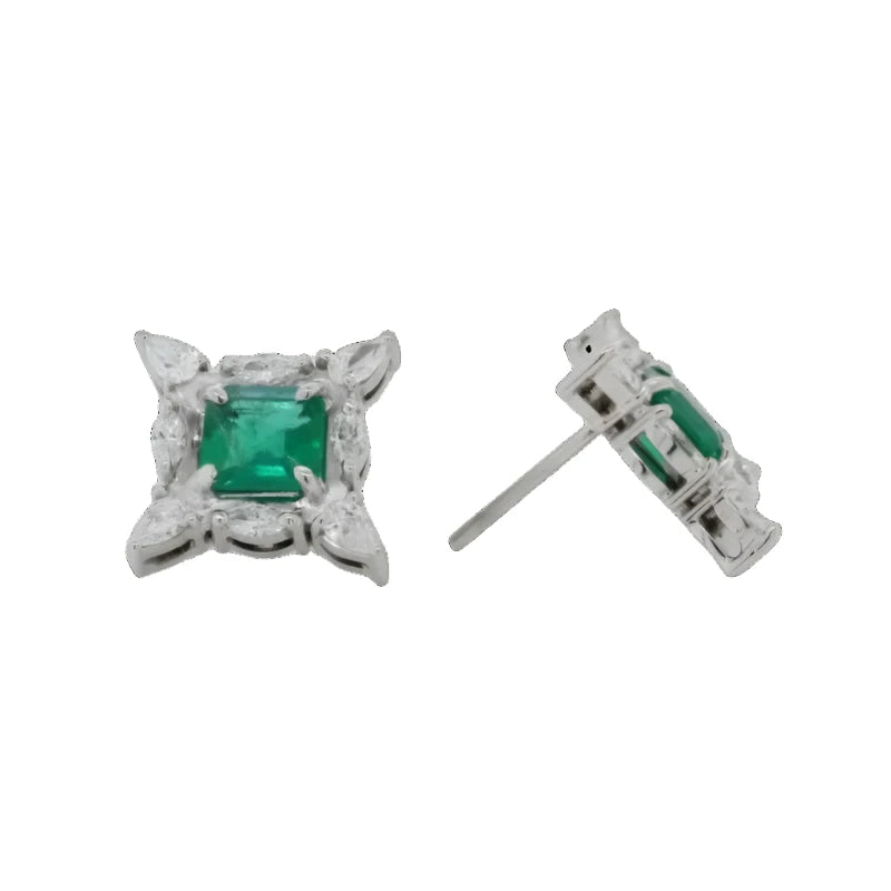 18 Carat White Gold 2.28ct (Pair) Square Emerald Cut Emeralds Set with Marquise & Pair Shaped Diamonds Stud Earrings