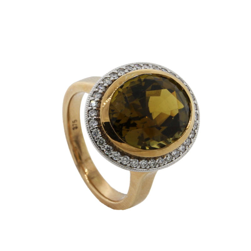 9 Carat Yellow & White Gold 6.95 carat Oval Burnt Gold Tourmaline & Diamond Dress Ring