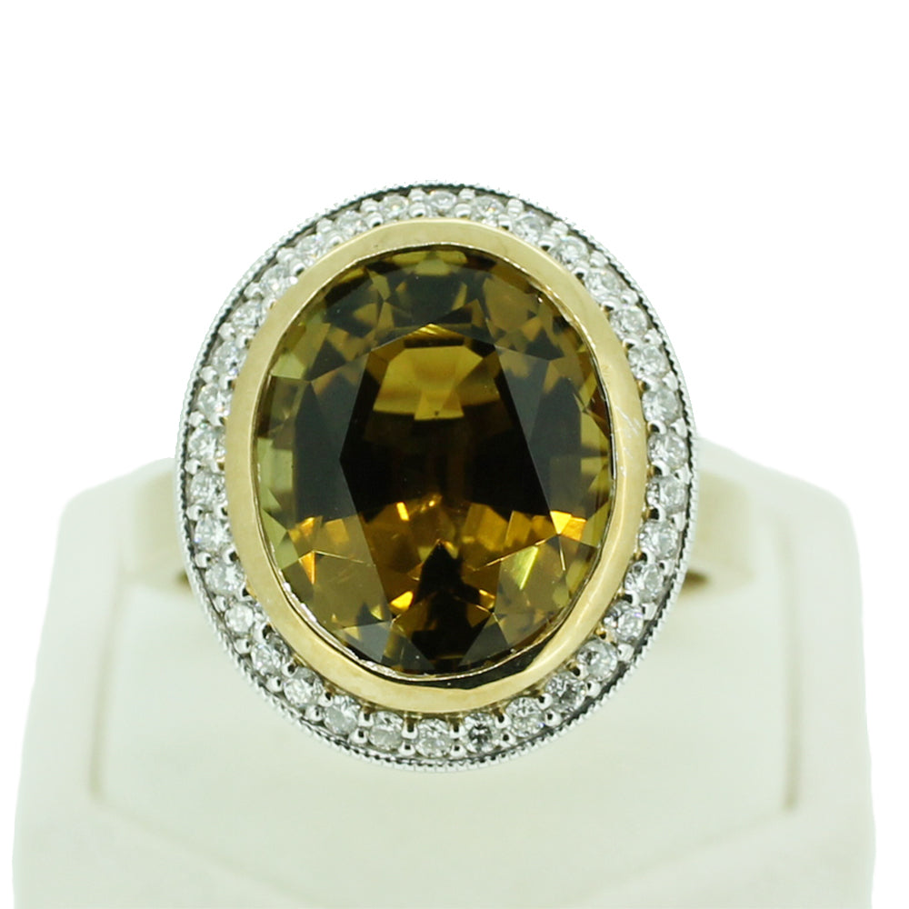 9 Carat Yellow & White Gold 6.95 carat Oval Burnt Gold Tourmaline & Diamond Dress Ring