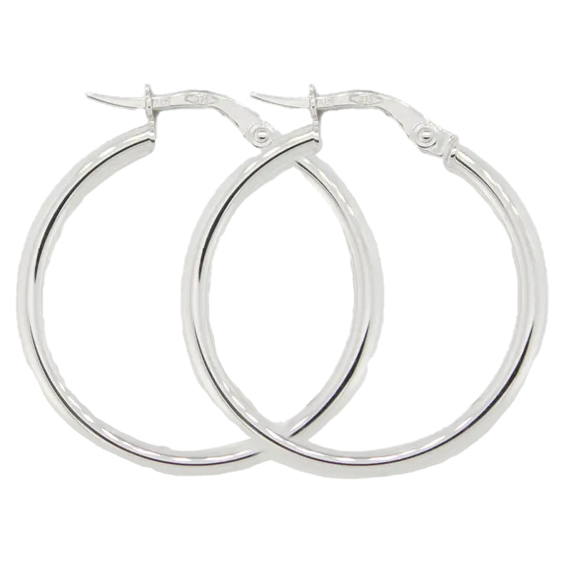 9 Carat White Gold 20mm Internal Diameter Italian Plain Hoop Earrings