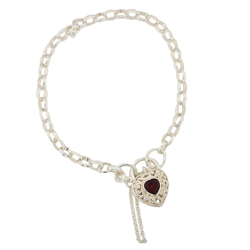 Sterling Silver Oval Belcher Bracelet with. Garnet Set Filigree Padlock 