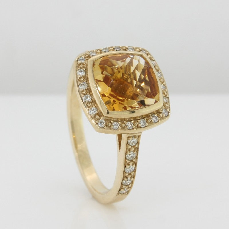 9 Carat Yellow Gold Cushion Cut Citrine & Diamond Ring