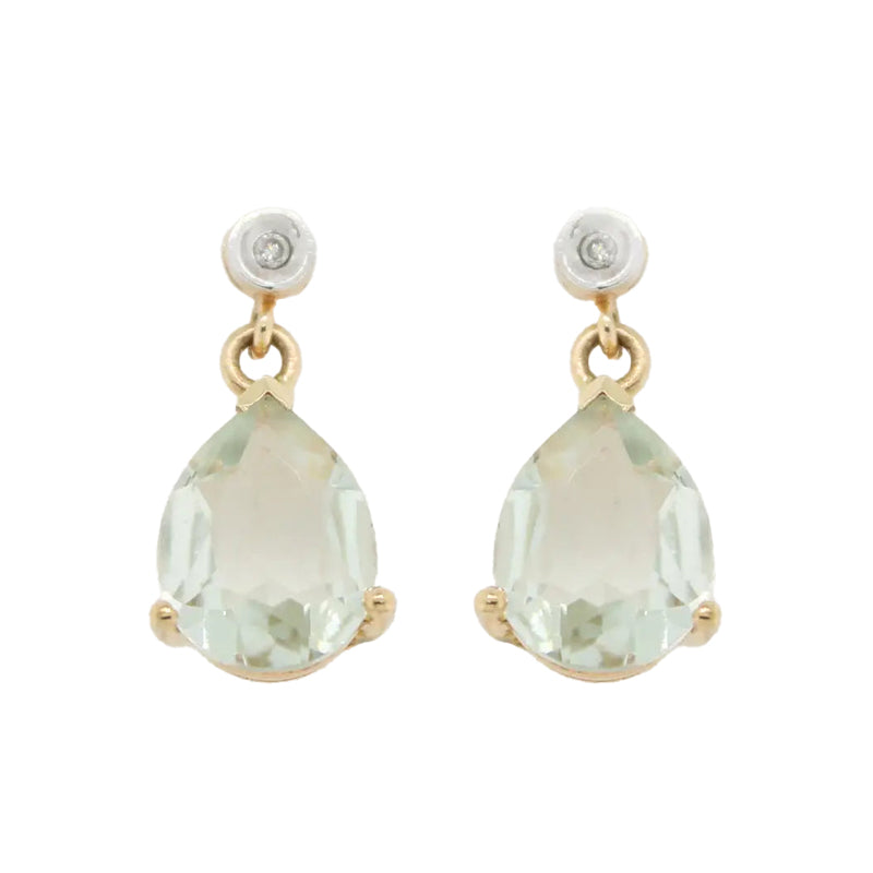 9 Carat Yellow Gold  Green Amethyst Diamond Drop Earrings