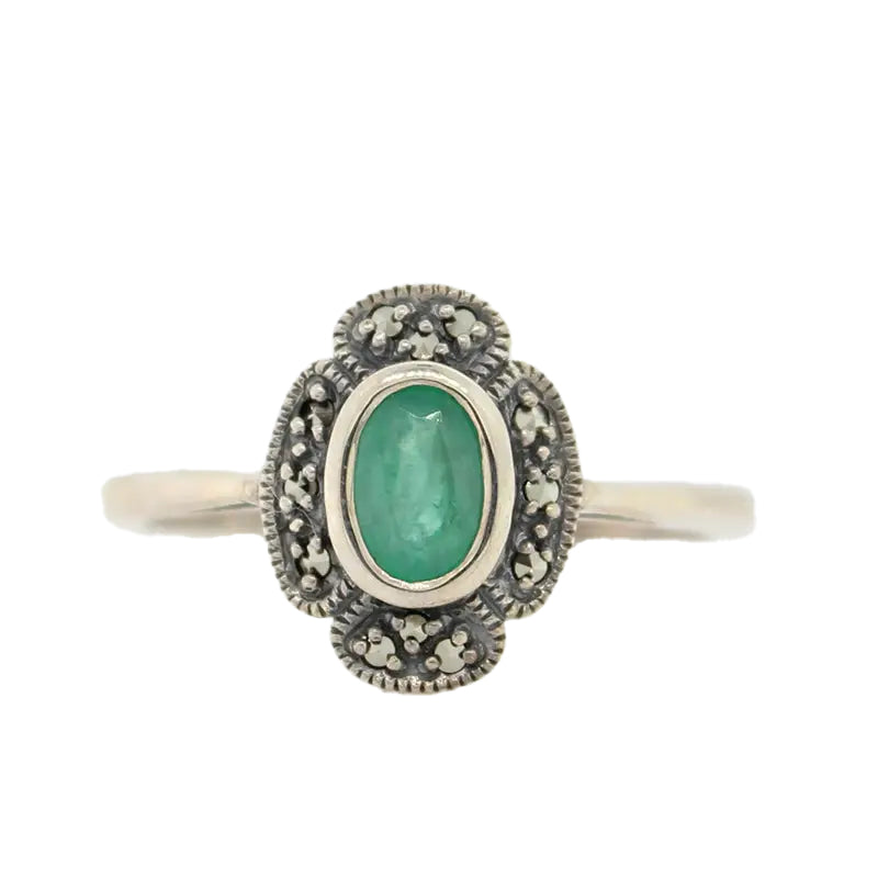 Sterling Silver Emerald & Marcasite Ring