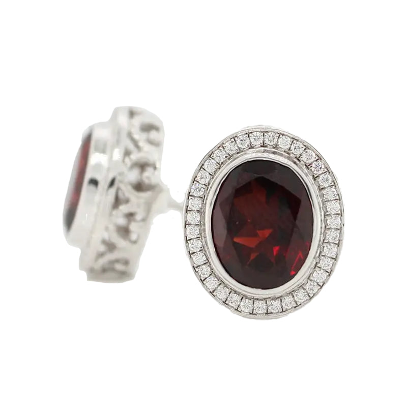 Sterling Silver  Oval Garnet & Cubic Zirconia Earrings