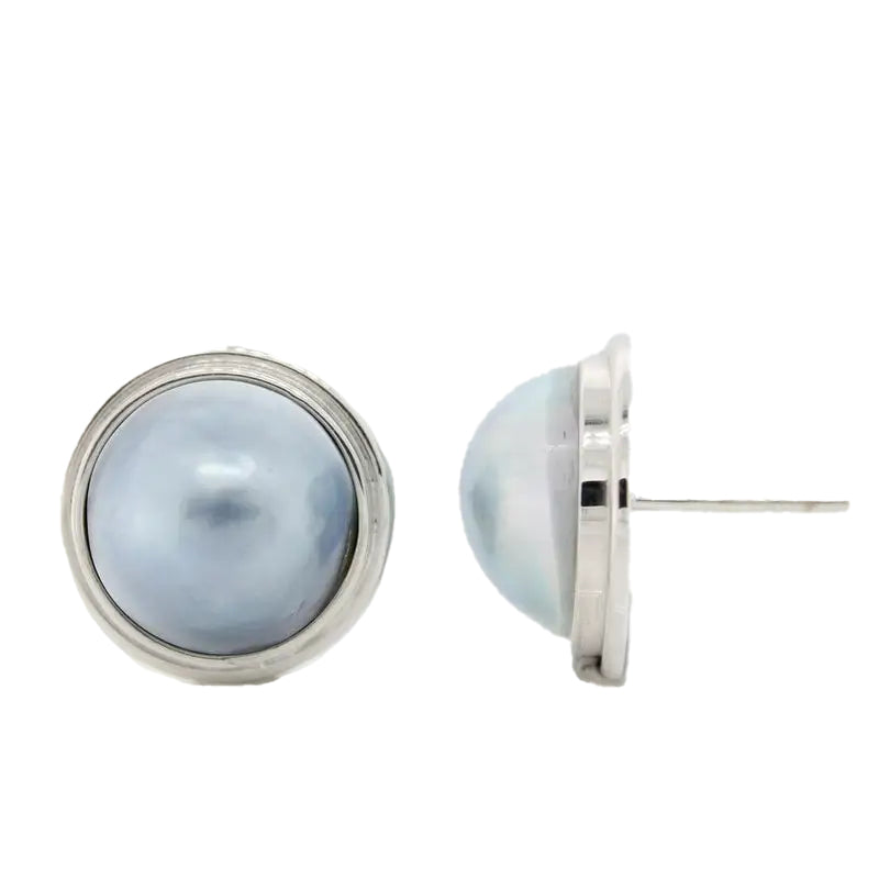 9 Carat White Gold Handmade 13.50mm Natural Blue-Grey Mabe Pearl Earrings