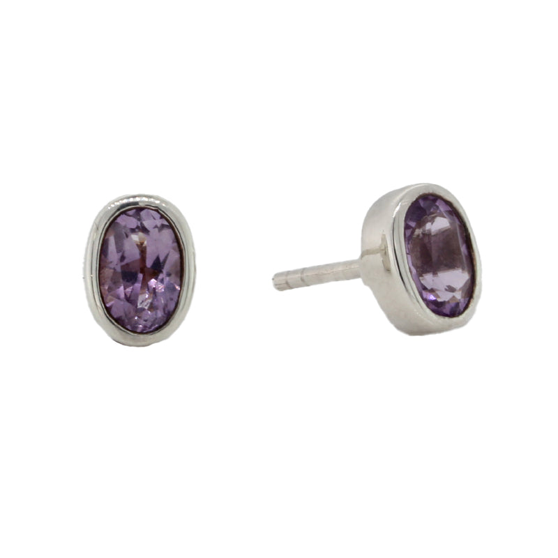 Sterling Silver Oval Amethyst Bezel Set Stud Earrings