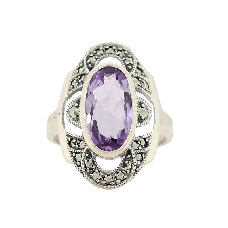 Sterling Silver Large Oval Amethyst & Marcasite Ring