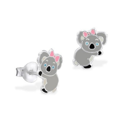 Sterling Silver Grey Enamel Koala w. Pink Bow Stud Earrings