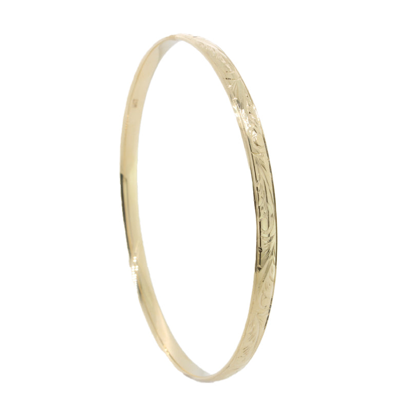 9 Carat Yellow Gold 65mm Internal Diameter Hand Engraved Bangle