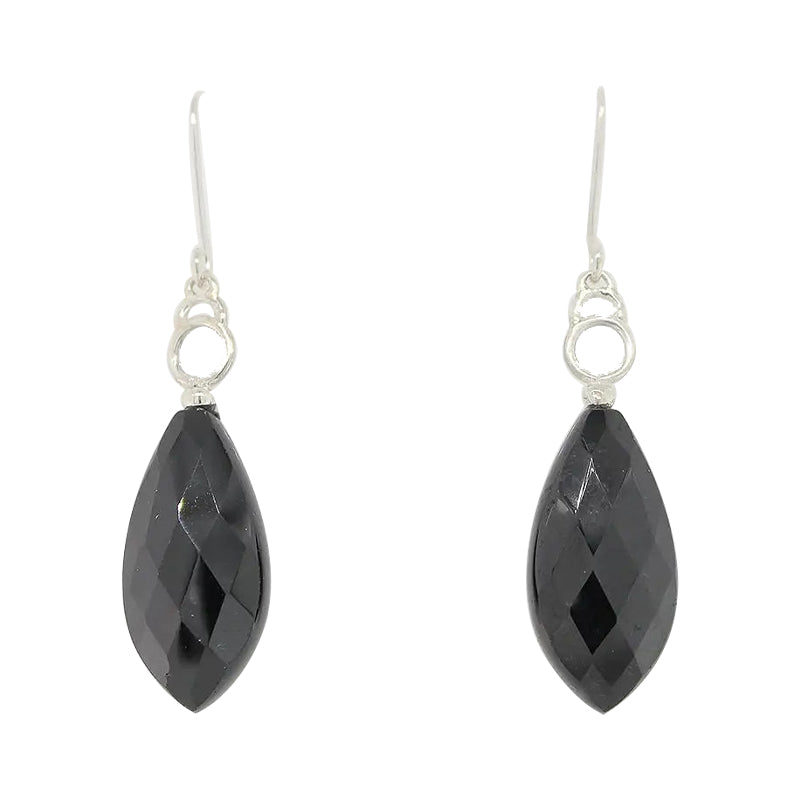 Sterling Silver HM Black Spinel Flat Marquise Briolette Drop Earrings