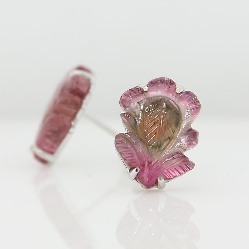 Sterling Silver Carved Watermelon Tourmaline Stud Earrings - Leaf Shape