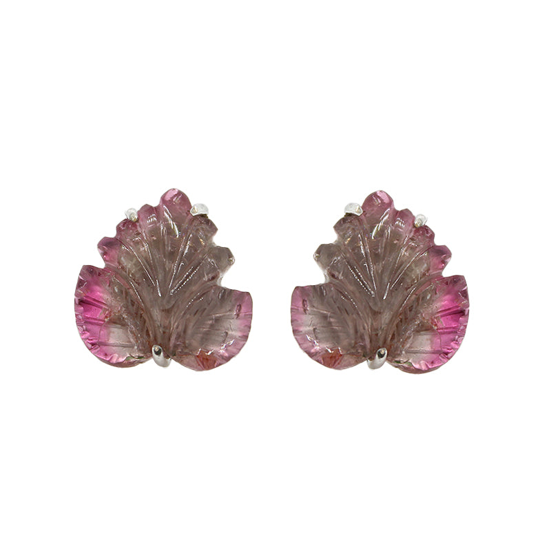 Sterling Silver Carved Watermelon Tourmaline Stud Earrings - Leaf Shape