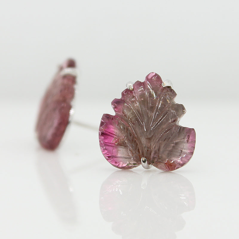 Sterling Silver Carved Watermelon Tourmaline Stud Earrings - Leaf Shape