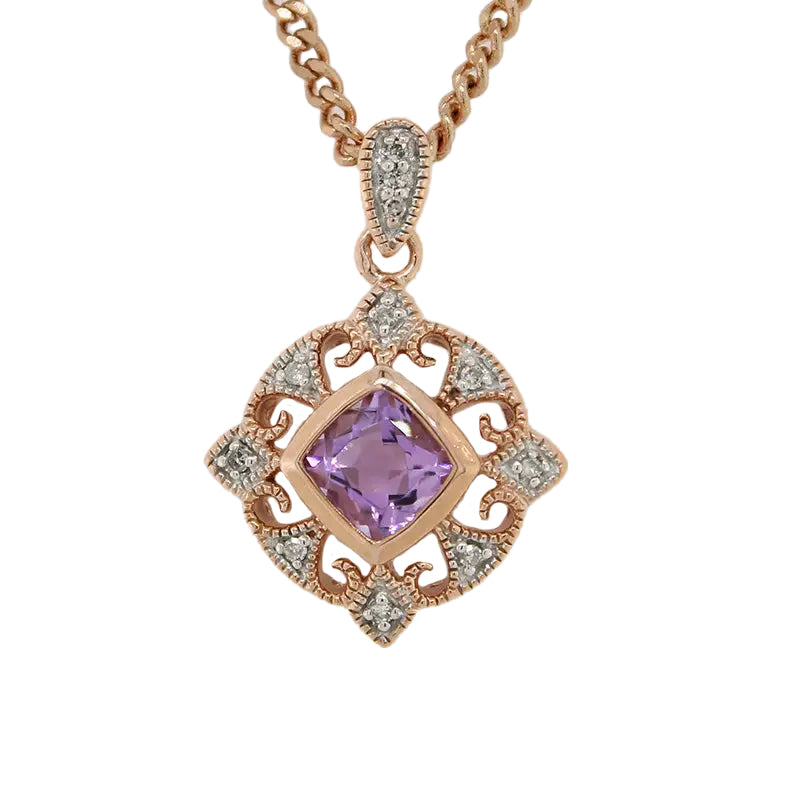 9 Carat Rose Gold Amethyst Diamond Pendant w. 45cm Curb Chain