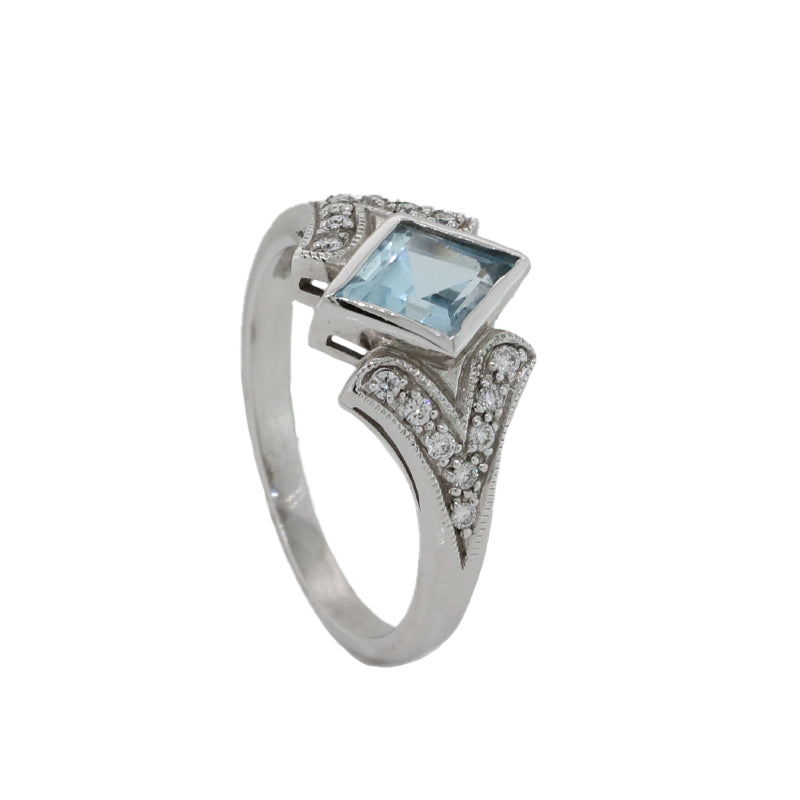 9 Carat White Gold Blue Topaz & Diamond Art Deco Ring