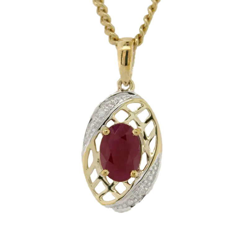 9 Carat Yellow Gold 7x5mm Oval Ruby & Diamond Pendant Total Diamond Weight 0.01 carat