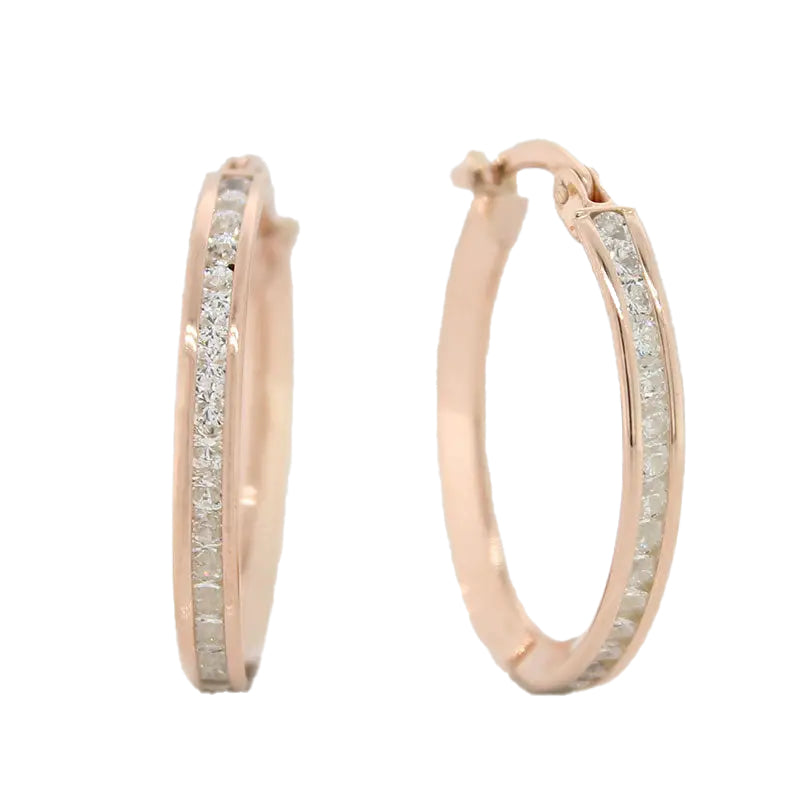 9 Carat Rose Gold Silver Filled Oval Hoop Princess Cut Cubic Zirconia Channel Set Earrings