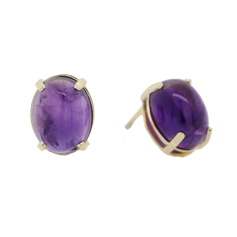 9 Carat Yellow Gold Amethyst Cabochon 9x7mm Oval Stud Earrings