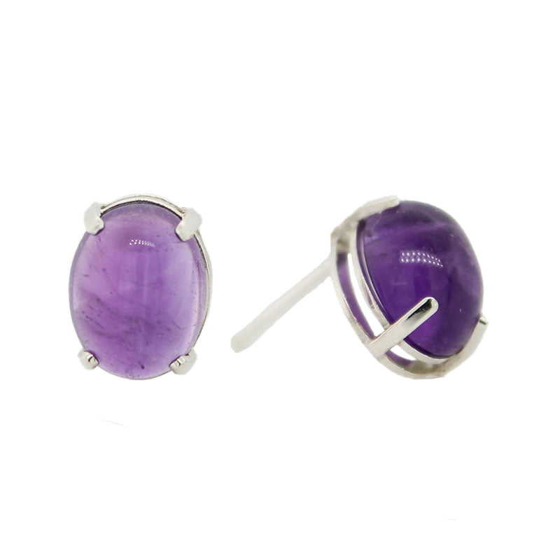 Sterling Silver Amethyst Cabochon 9x7mm Oval Stud Earrings