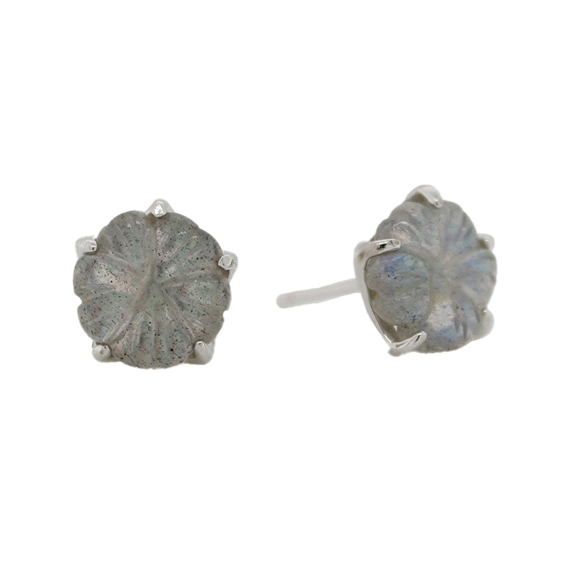 Sterling Silver 8mm Carved Labradorite Flower Stud Earrings