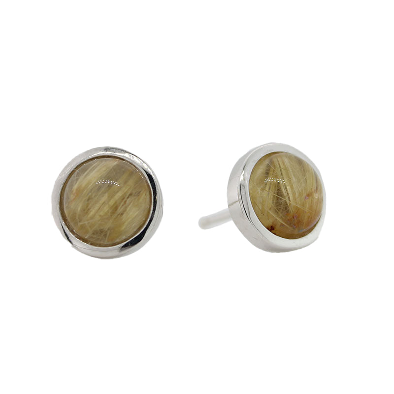 Sterling Silver 8mm Gold Rutilated Quartz Round Stud Earrings