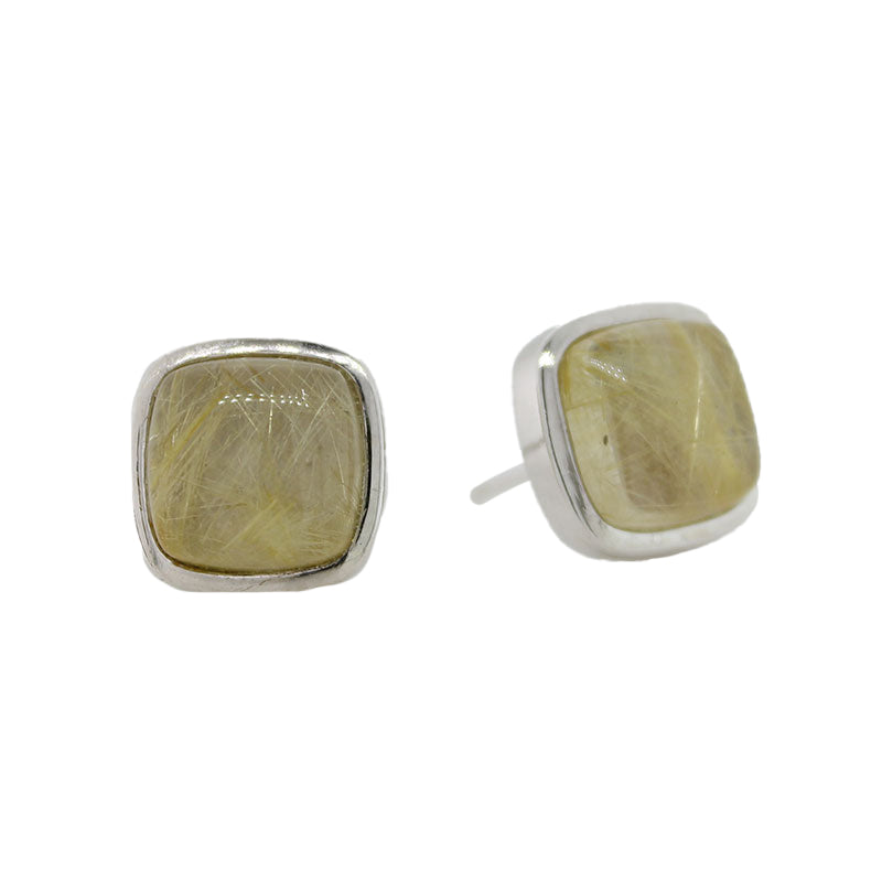 Sterling Silver 8x8mm Gold Rutilated Quartz Square Cushion Stud Earrings