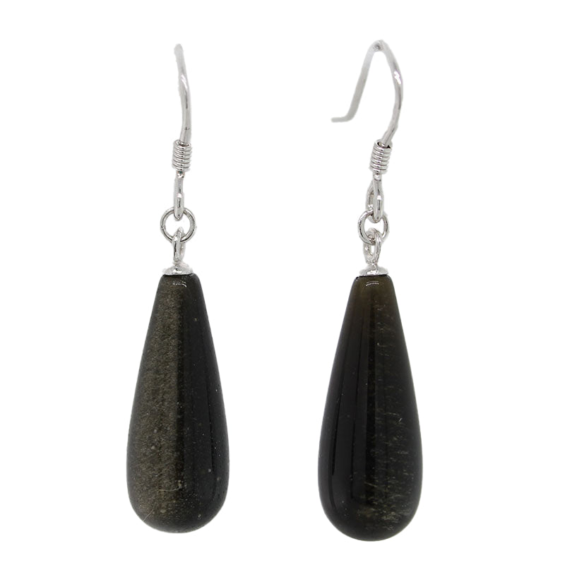 Sterling Silver 8x20mm Gold Obsidian Drop Earrings