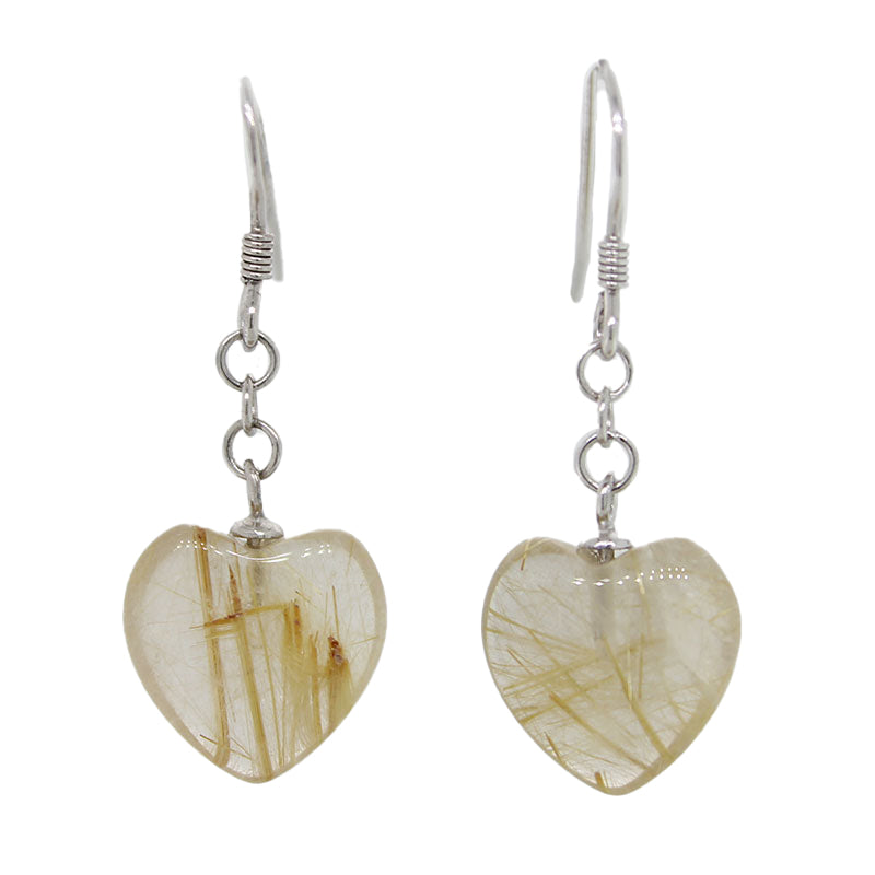 Sterling Silver Gold Rutilated Quartz Heart Drop Earrings