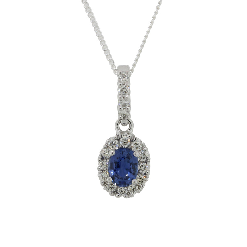 9 Carat White Gold Sapphire with Diamond Halo and Bail Pendant