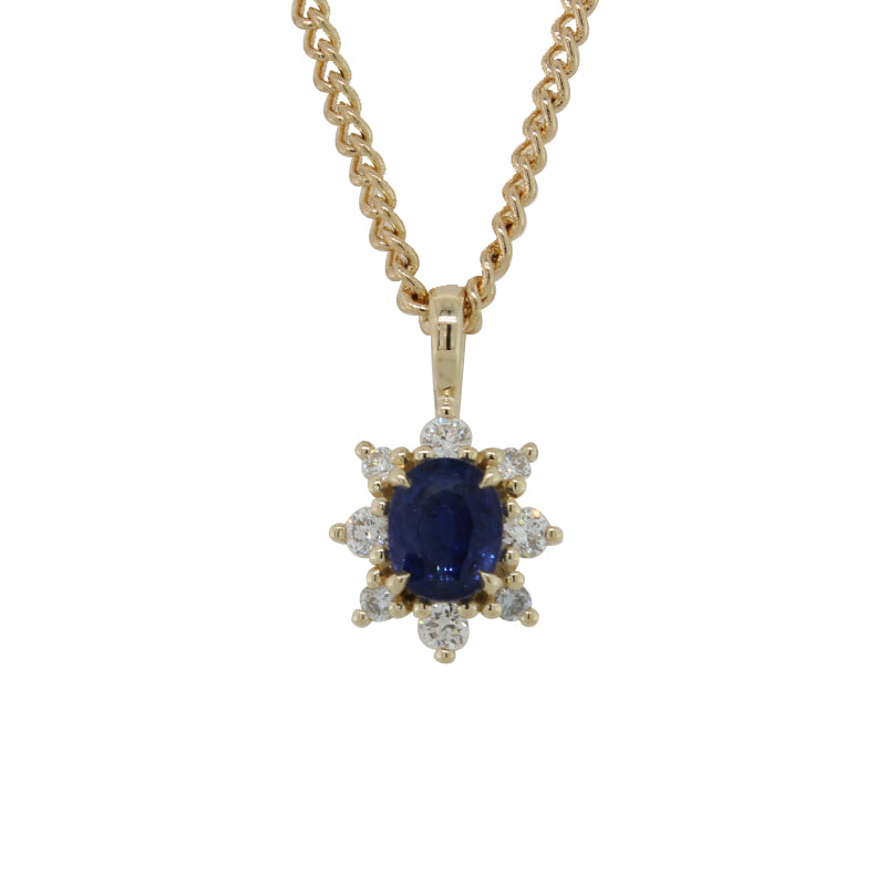 9 Carat Yellow Gold Mid Blue Sapphire & Diamond Pendant