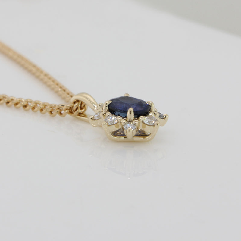 9 Carat Yellow Gold Mid Blue Sapphire & Diamond Pendant