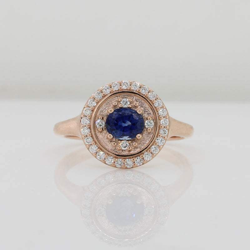 9 Carat Rose Gold Mid Blue Sapphire & Diamond Halo Ring