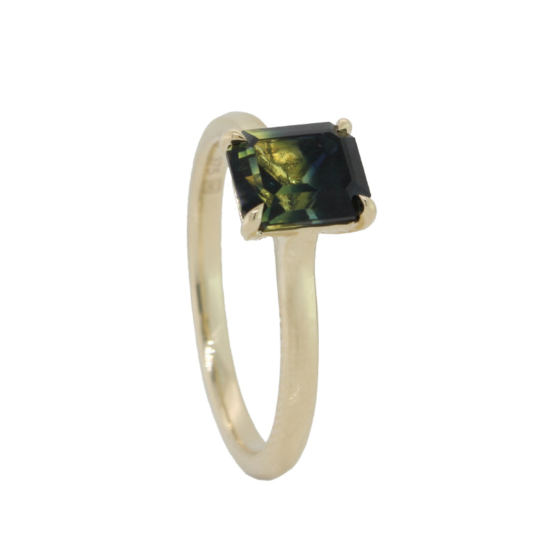 9 Carat Yellow Gold Australian Parti Sapphire Emerald Cut Ring