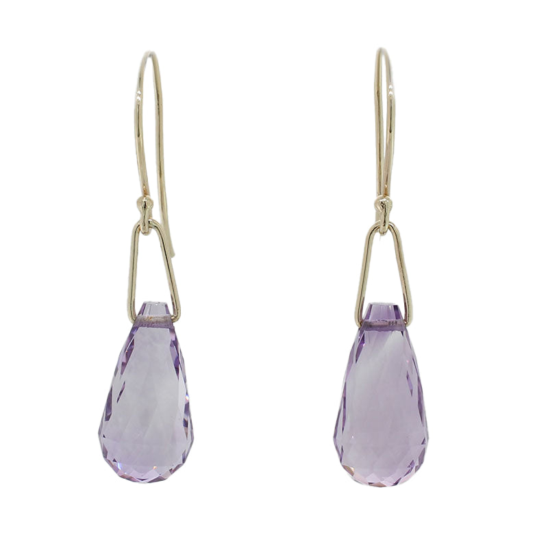 9 Carat Yellow Gold Handmad Amethyst Briolette 16 x 8mm 12.88 Carat Drop Earrings