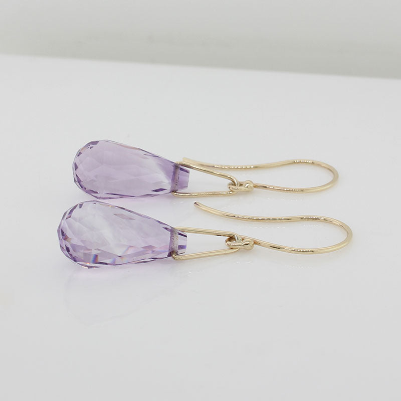 9 Carat Yellow Gold Handmad Amethyst Briolette 16 x 8mm 12.88 Carat Drop Earrings