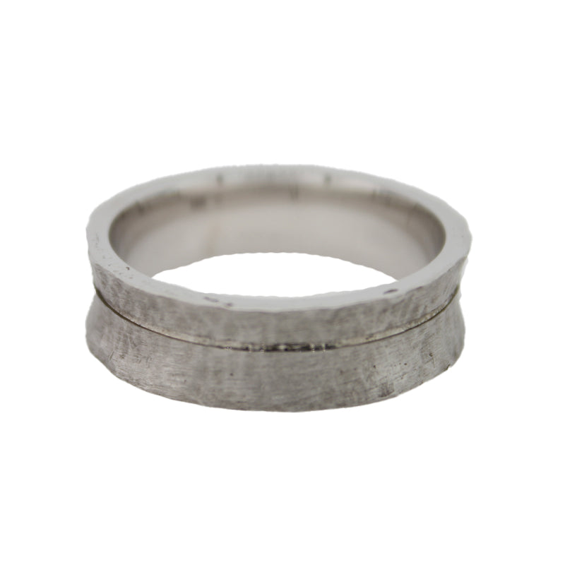 Sterling Silver 'Hombre' Curved Ring Beaten Matte with Single Thin Polished Line, Size V, 6.8mm Wide