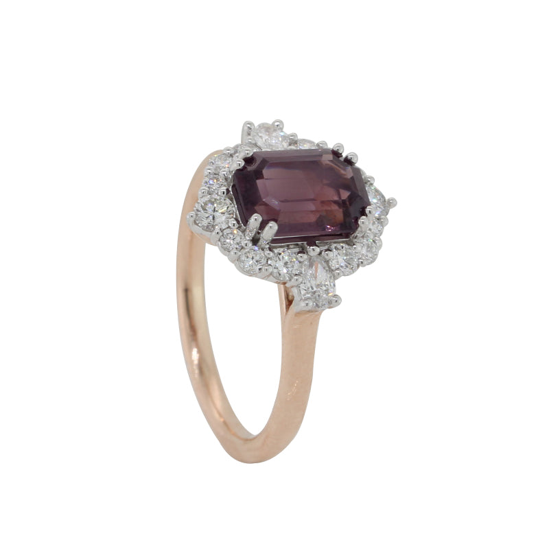 9 Carat Rose and White Gold Diamond and Purple Spinel Octagonal Cut Ring 