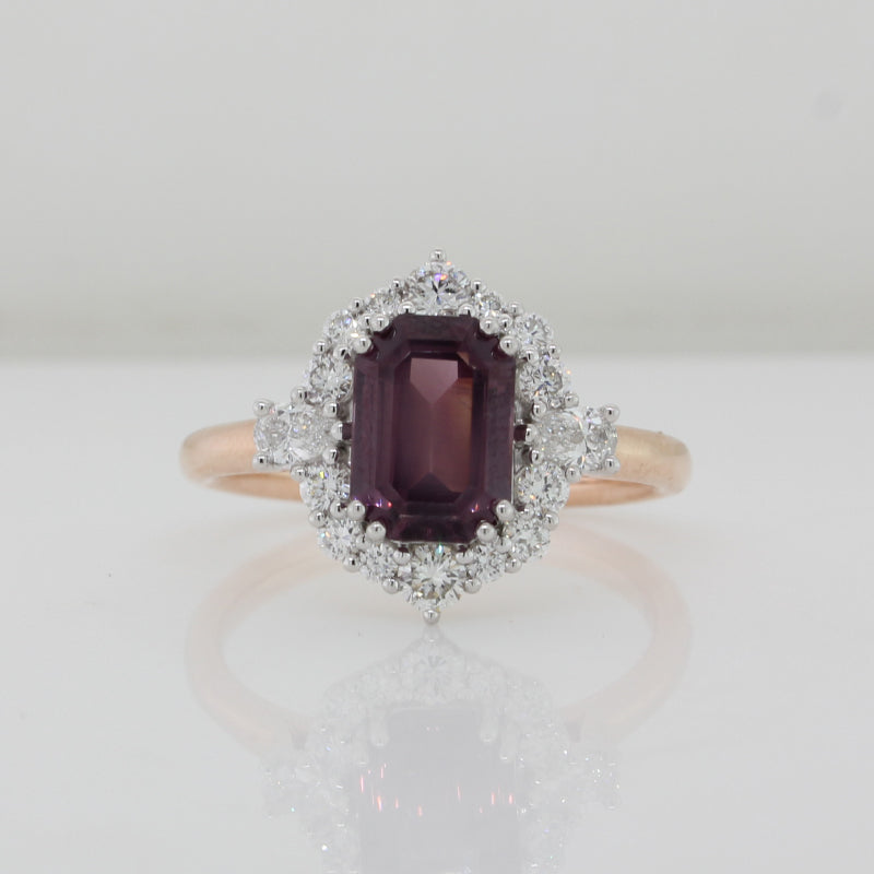 9 Carat Rose and White Gold Diamond and Purple Spinel Octagonal Cut Ring 